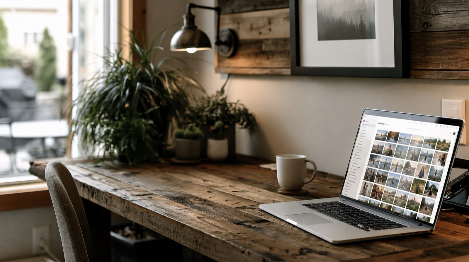 A laptop on a desk showing an organized photo library
